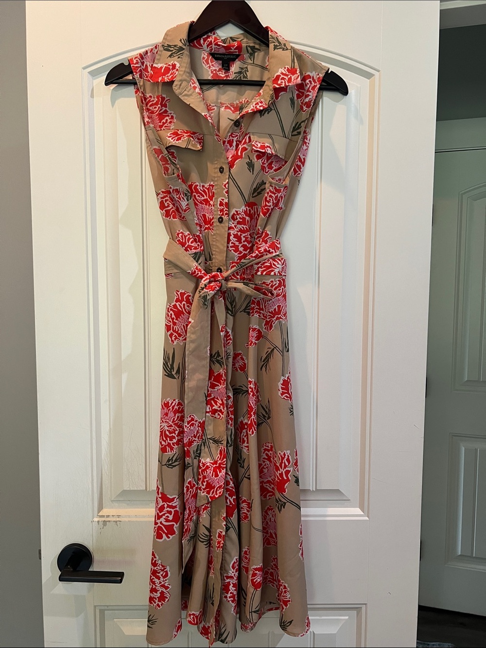 Banana Republic Medi Dress with Red Floral Print and Tie Waist